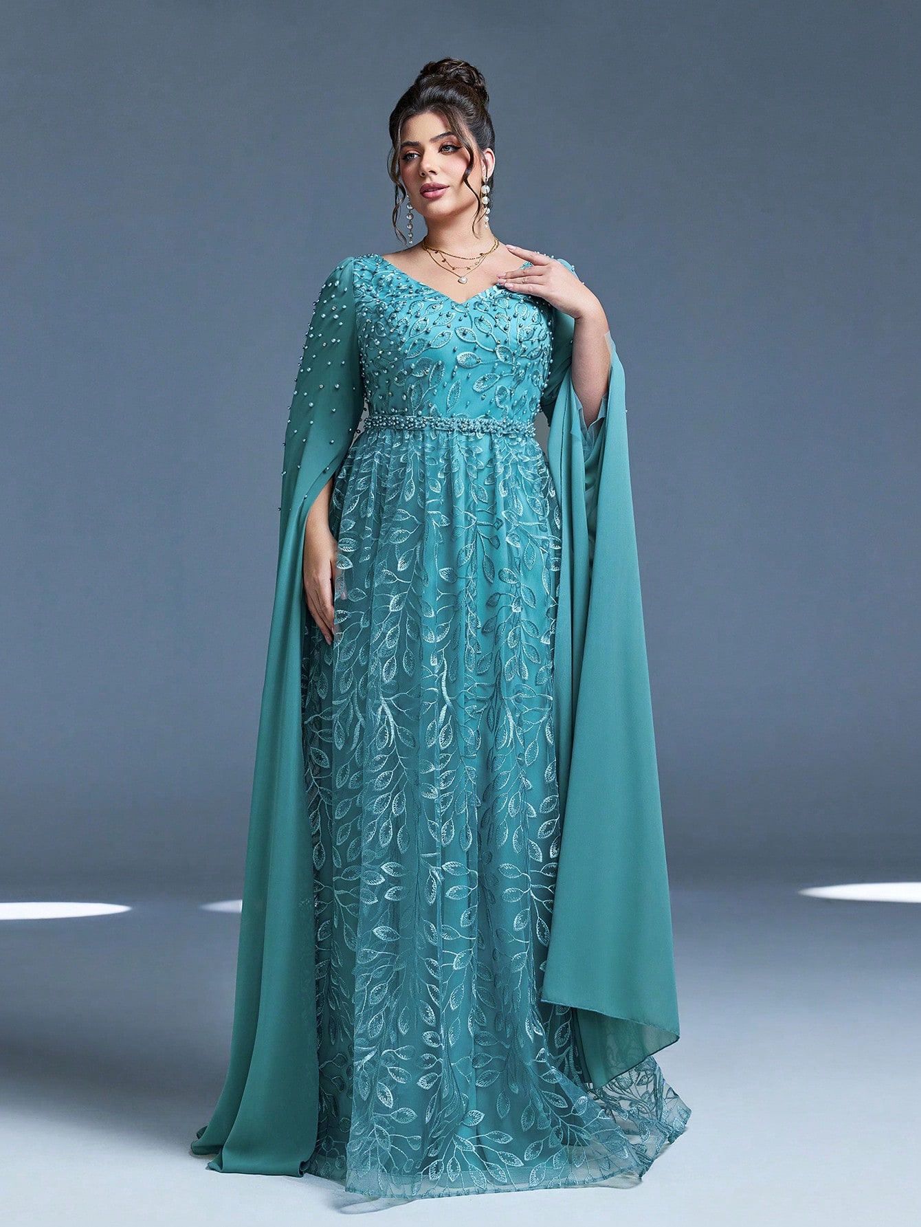 Leely Plus Women's Elegant V Neck Extra-Long Sleeve A-line Party Dress