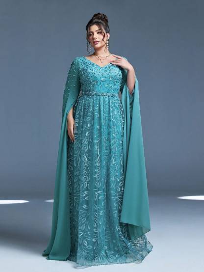 Leely Plus Women's Elegant V Neck Extra-Long Sleeve A-line Party Dress