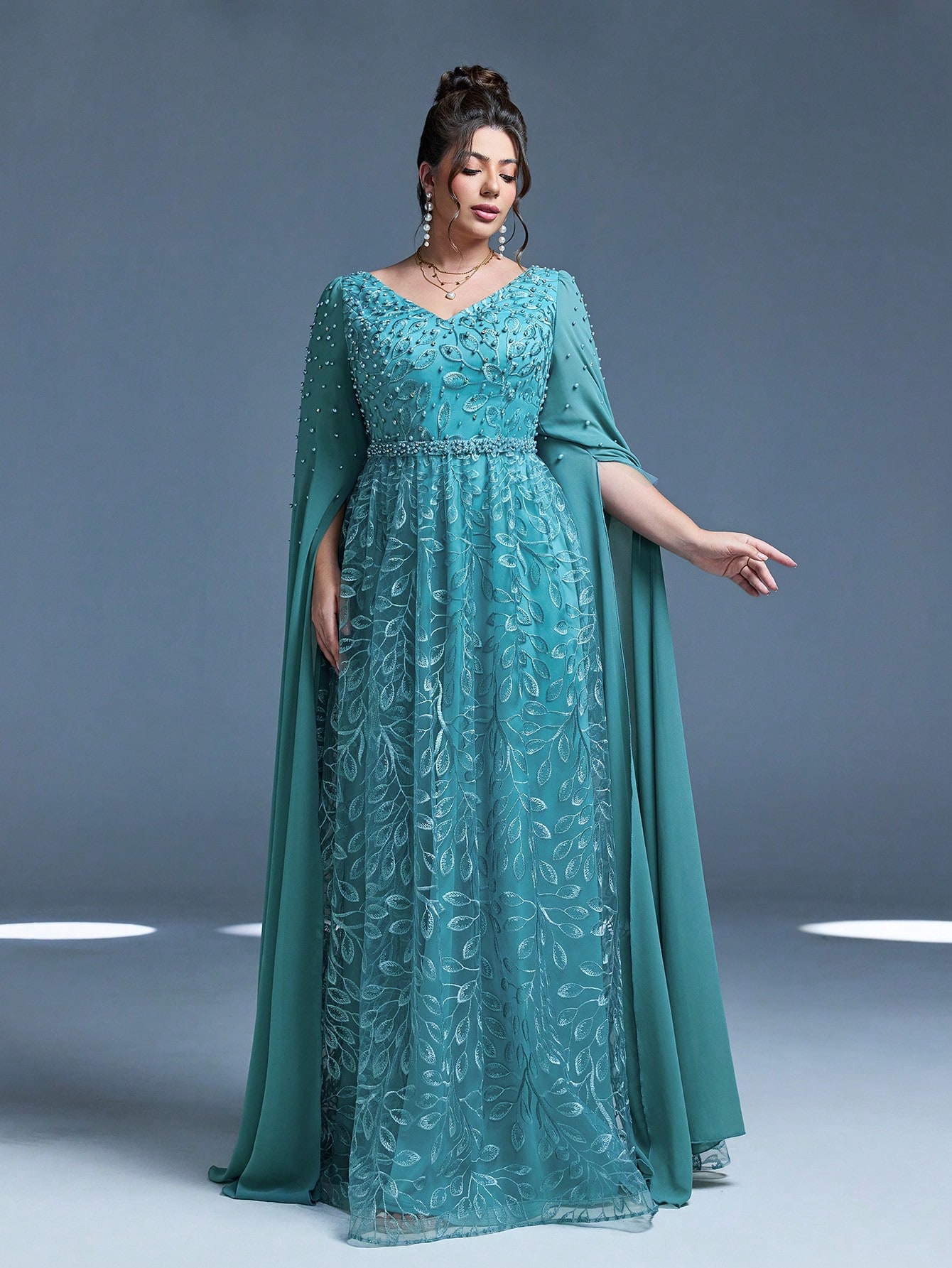 Leely Plus Women's Elegant V Neck Extra-Long Sleeve A-line Party Dress
