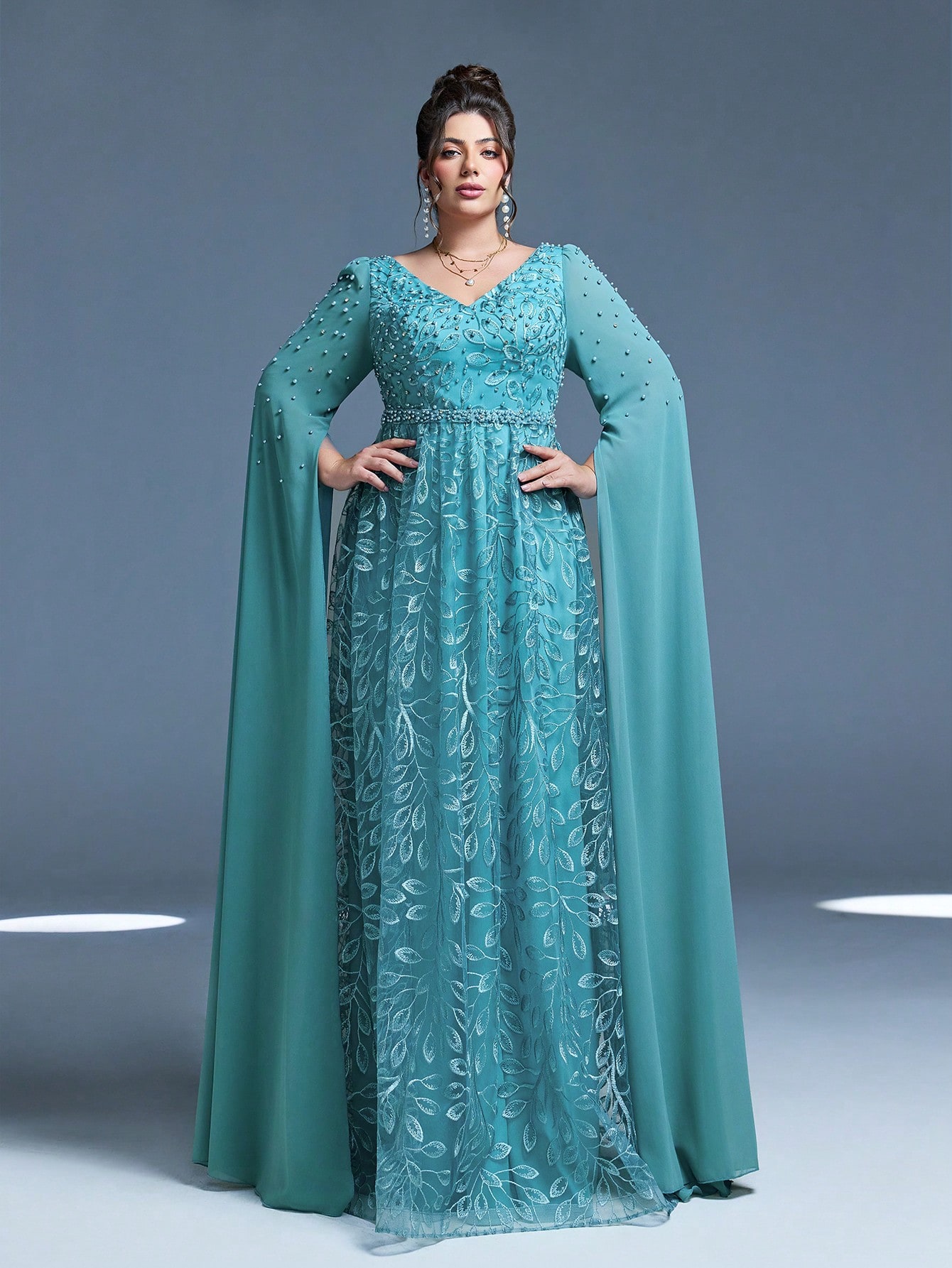 Leely Plus Women's Elegant V Neck Extra-Long Sleeve A-line Party Dress