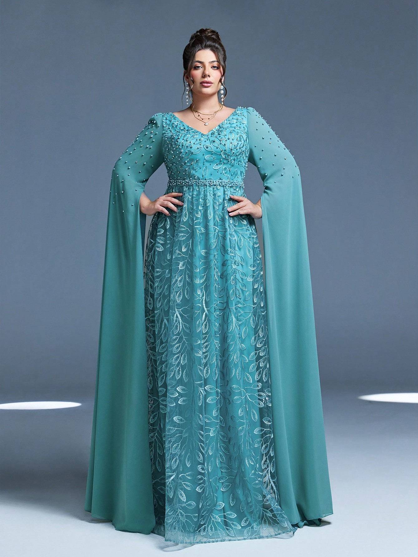Leely Plus Women's Elegant V Neck Extra-Long Sleeve A-line Party Dress