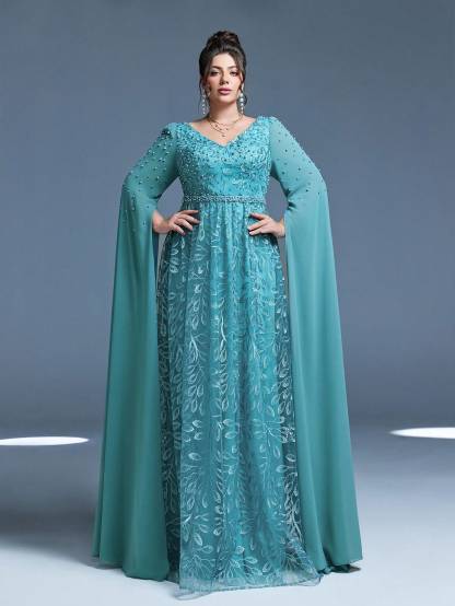 Leely Plus Women's Elegant V Neck Extra-Long Sleeve A-line Party Dress