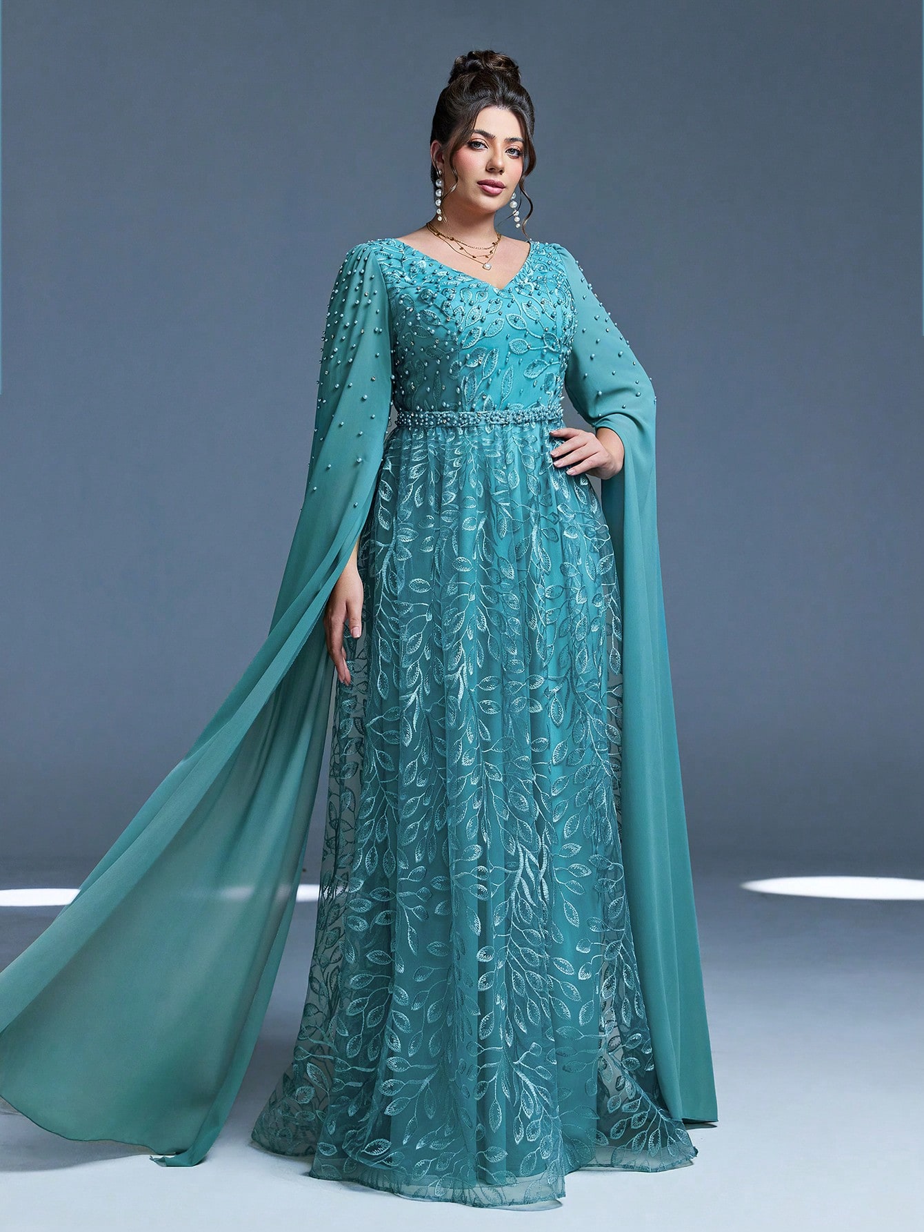 Leely Plus Women's Elegant V Neck Extra-Long Sleeve A-line Party Dress