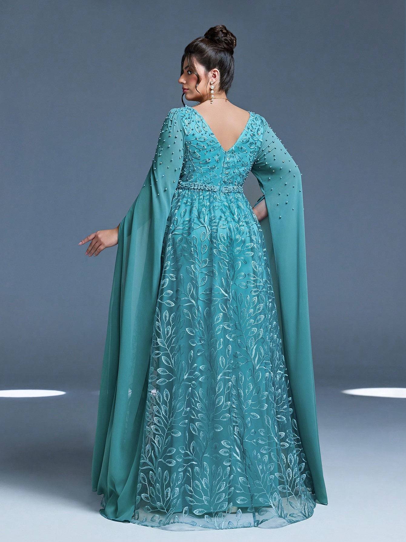Leely Plus Women's Elegant V Neck Extra-Long Sleeve A-line Party Dress