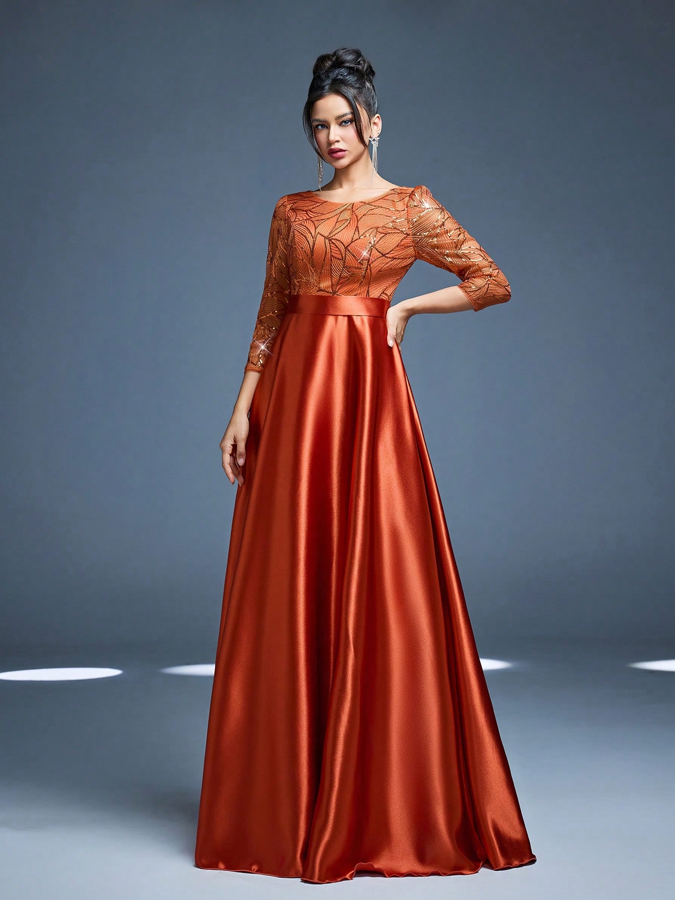 Leely Women's Elegant Round Neck Long Sleeve Prom Dress