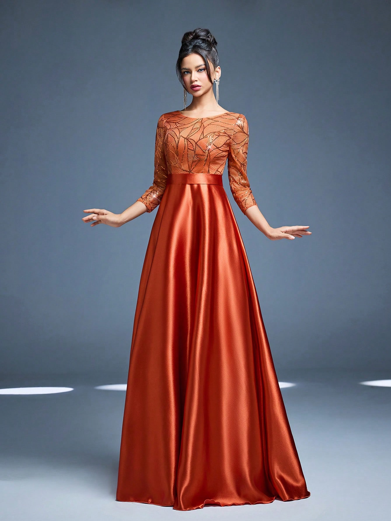 Leely Women's Elegant Round Neck Long Sleeve Prom Dress