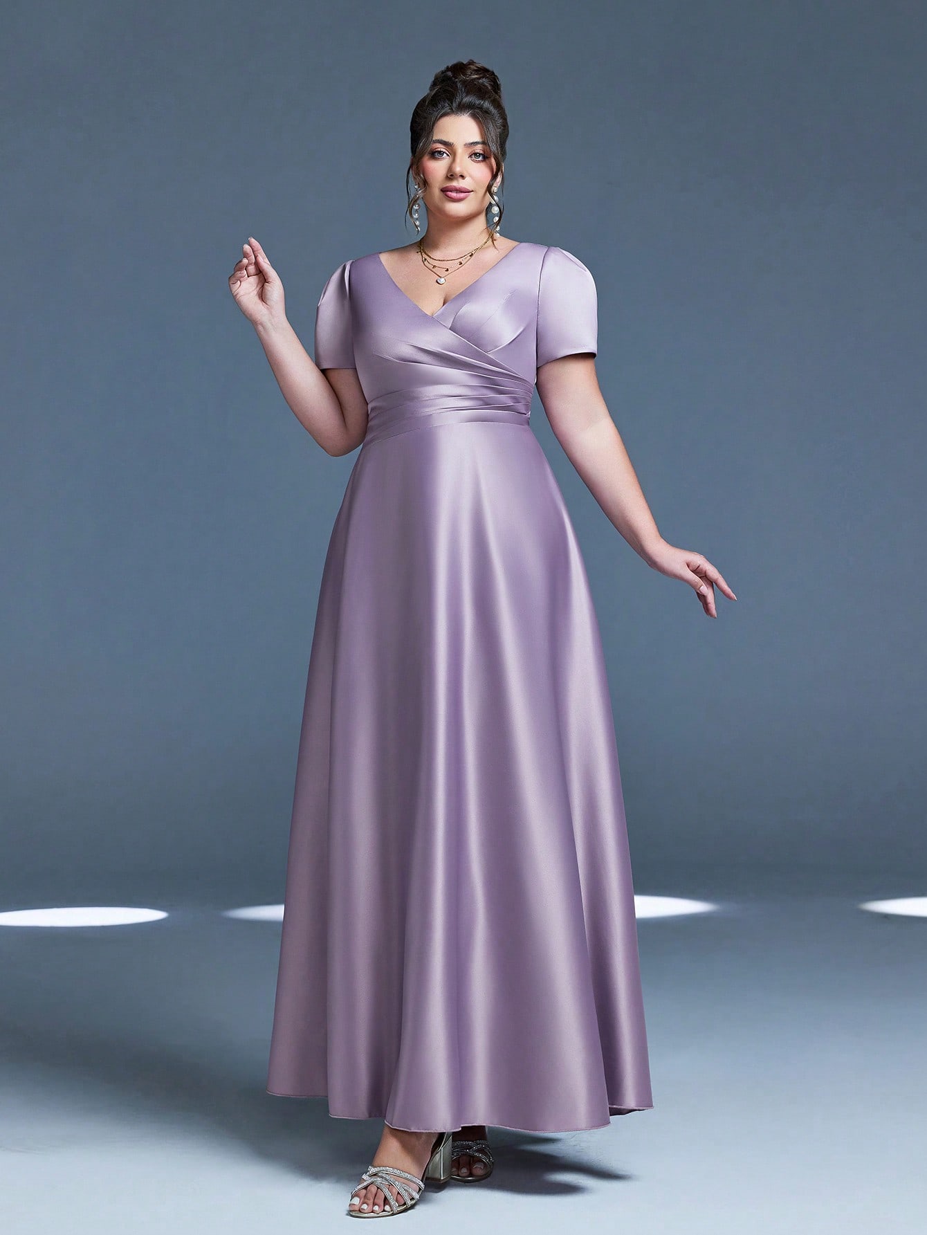 Leely Plus Women's Elegant V Neck Short Sleeve A-Line Dress