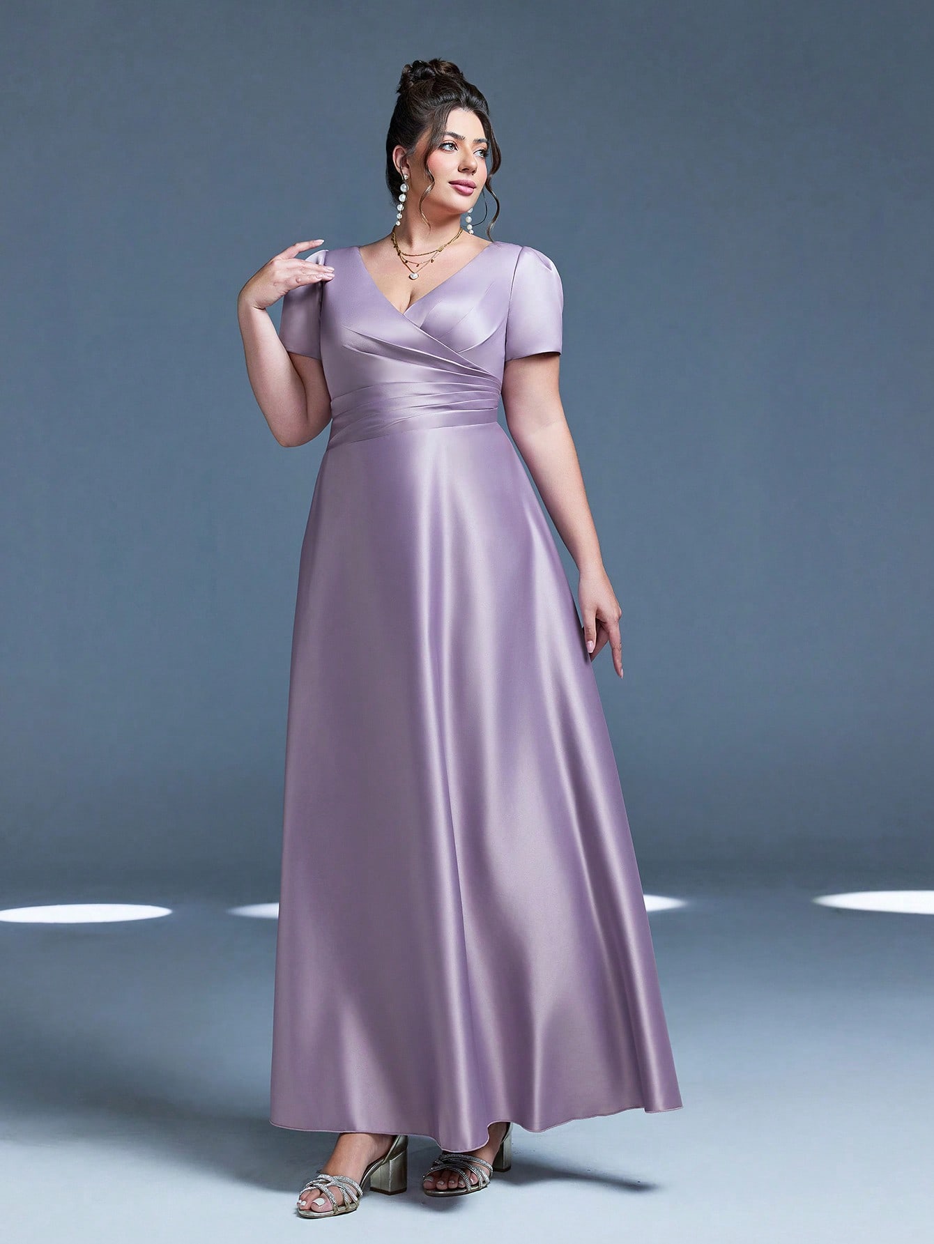 Leely Plus Women's Elegant V Neck Short Sleeve A-Line Dress