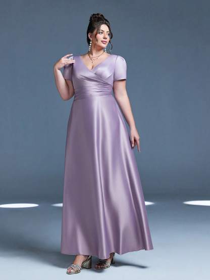 Leely Plus Women's Elegant V Neck Short Sleeve A-Line Dress