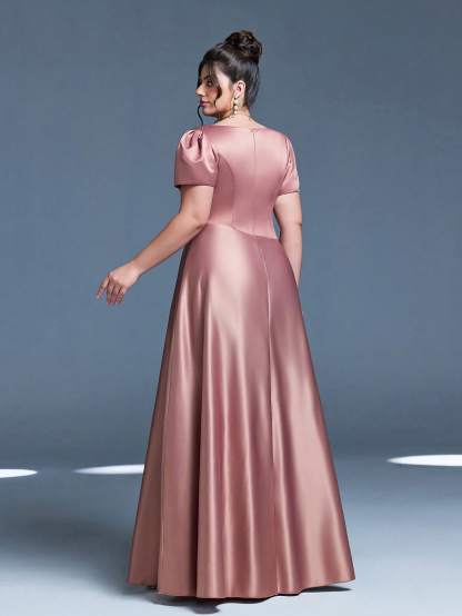 Leely Plus Women's Elegant V Neck Short Sleeve A-Line Dress