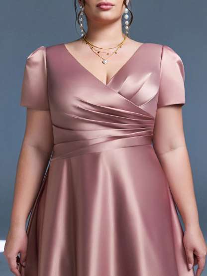 Leely Plus Women's Elegant V Neck Short Sleeve A-Line Dress
