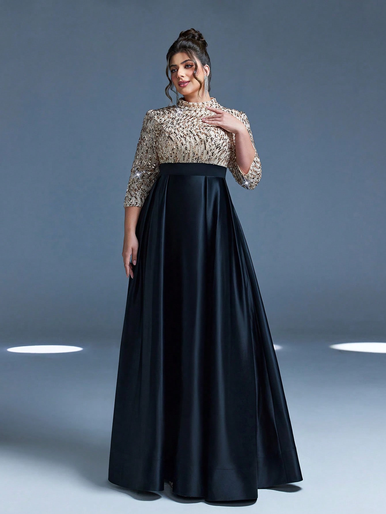 Leely Plus Women's Elegant High Neck Three Quarter Length Sleeve Party Dresses