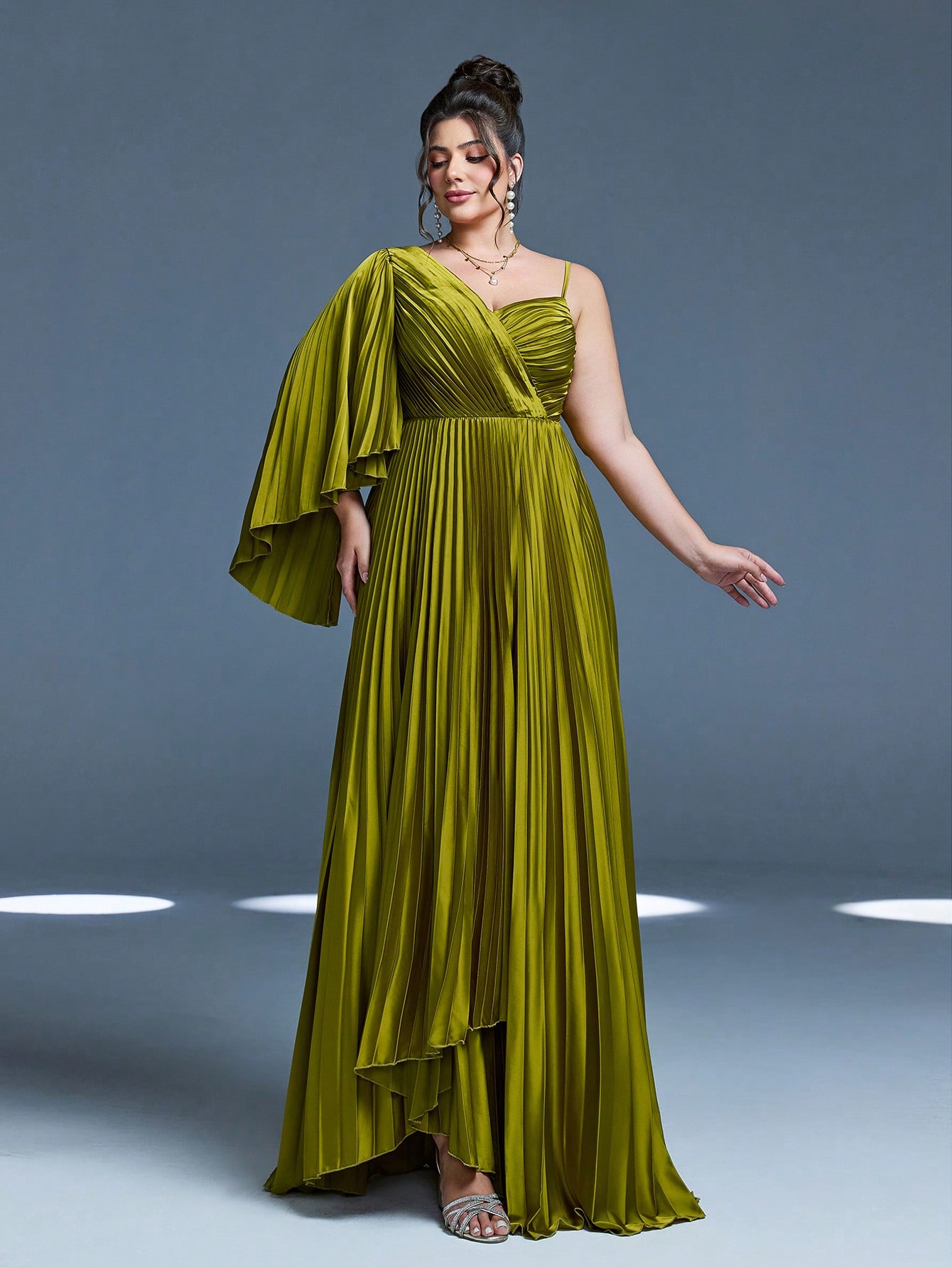 Leely Plus Women's Elegant Asymmetrical Neck Pleated Party Dress