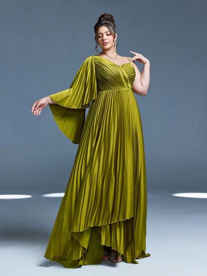 Leely Plus Women's Elegant Asymmetrical Neck Pleated Party Dress