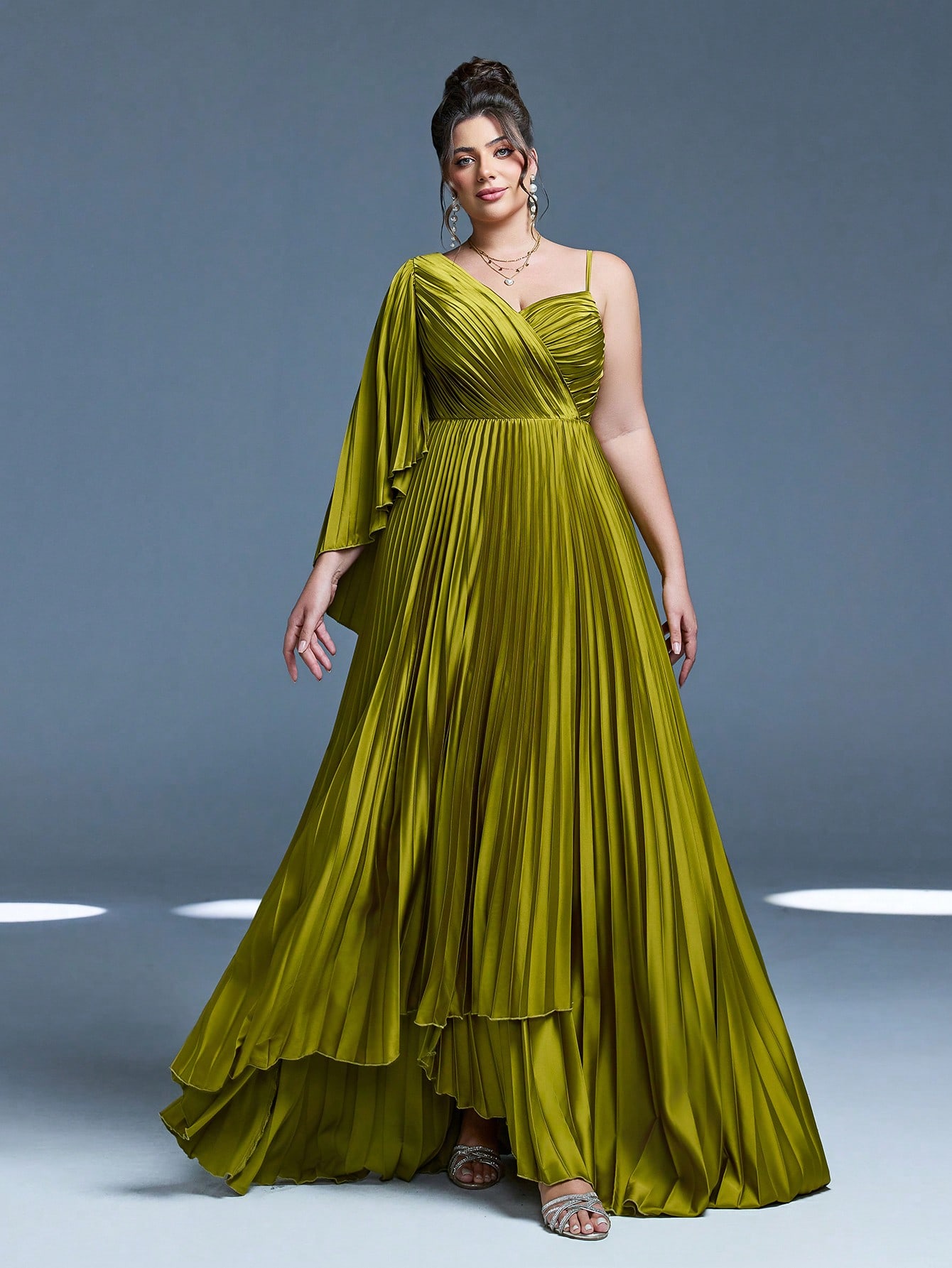 Leely Plus Women's Elegant Asymmetrical Neck Pleated Party Dress