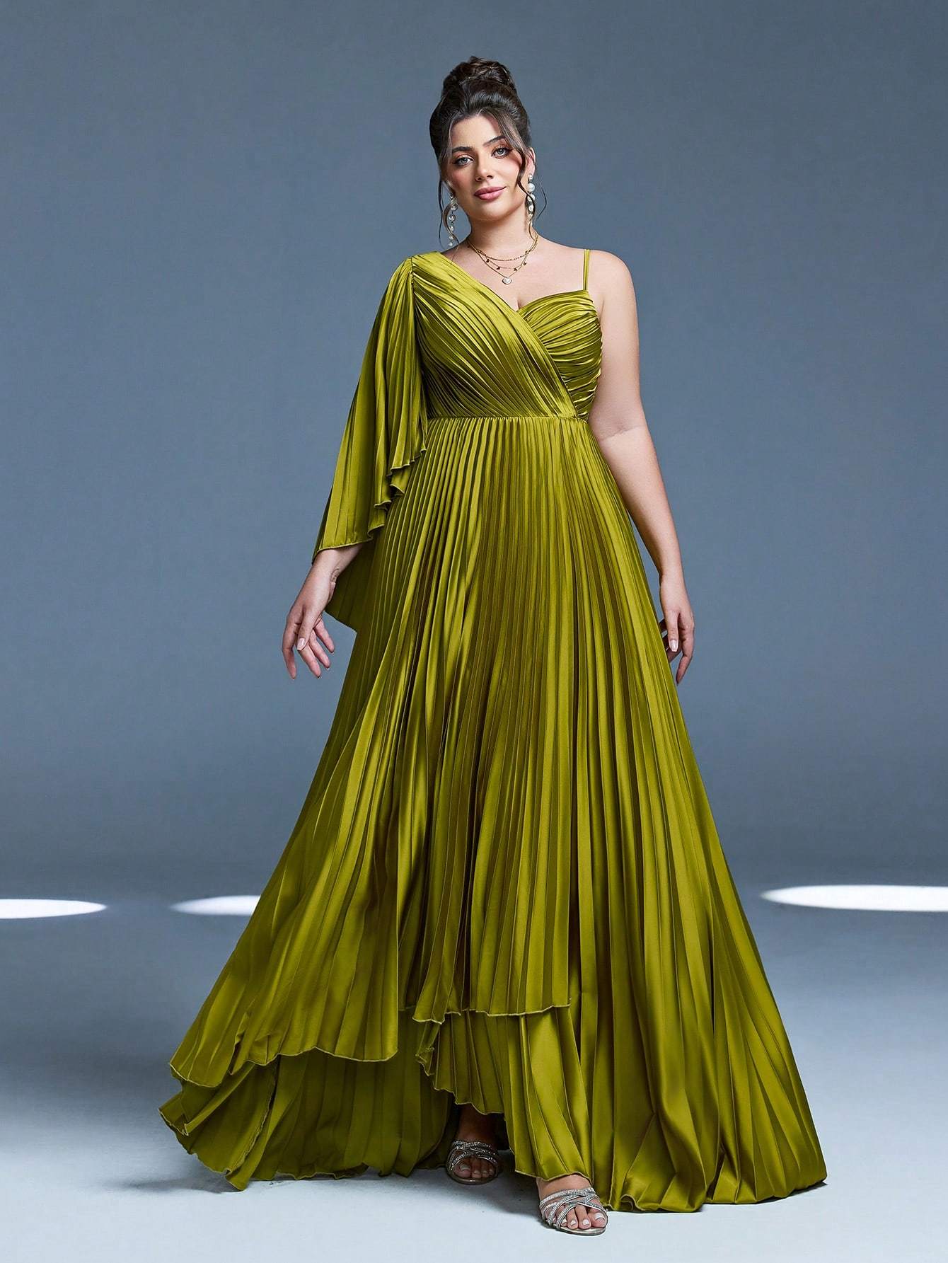 Leely Plus Women's Elegant Asymmetrical Neck Pleated Party Dress
