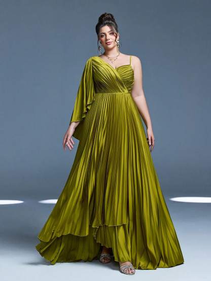 Leely Plus Women's Elegant Asymmetrical Neck Pleated Party Dress