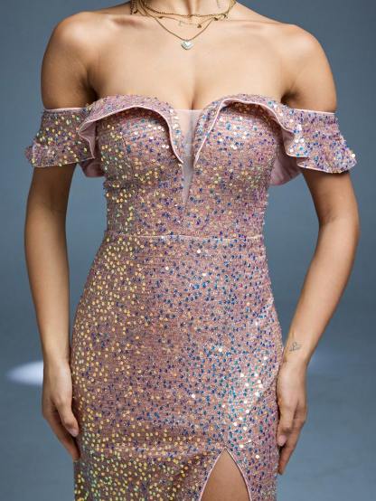 Leely Elegant Off-the-Shoulder Ruffle High Slit Sequin Evening Gown