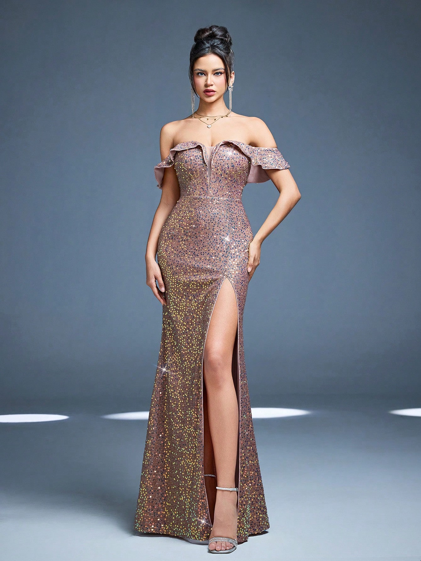 Leely Elegant Off-the-Shoulder Ruffle High Slit Sequin Evening Gown