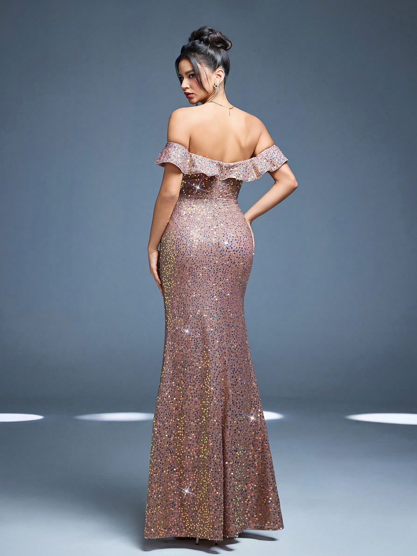 Leely Elegant Off-the-Shoulder Ruffle High Slit Sequin Evening Gown