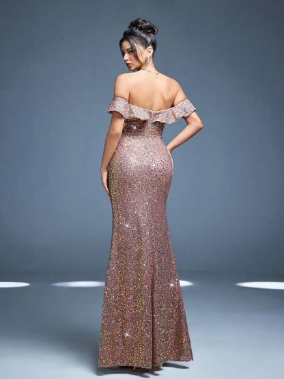 Leely Elegant Off-the-Shoulder Ruffle High Slit Sequin Evening Gown