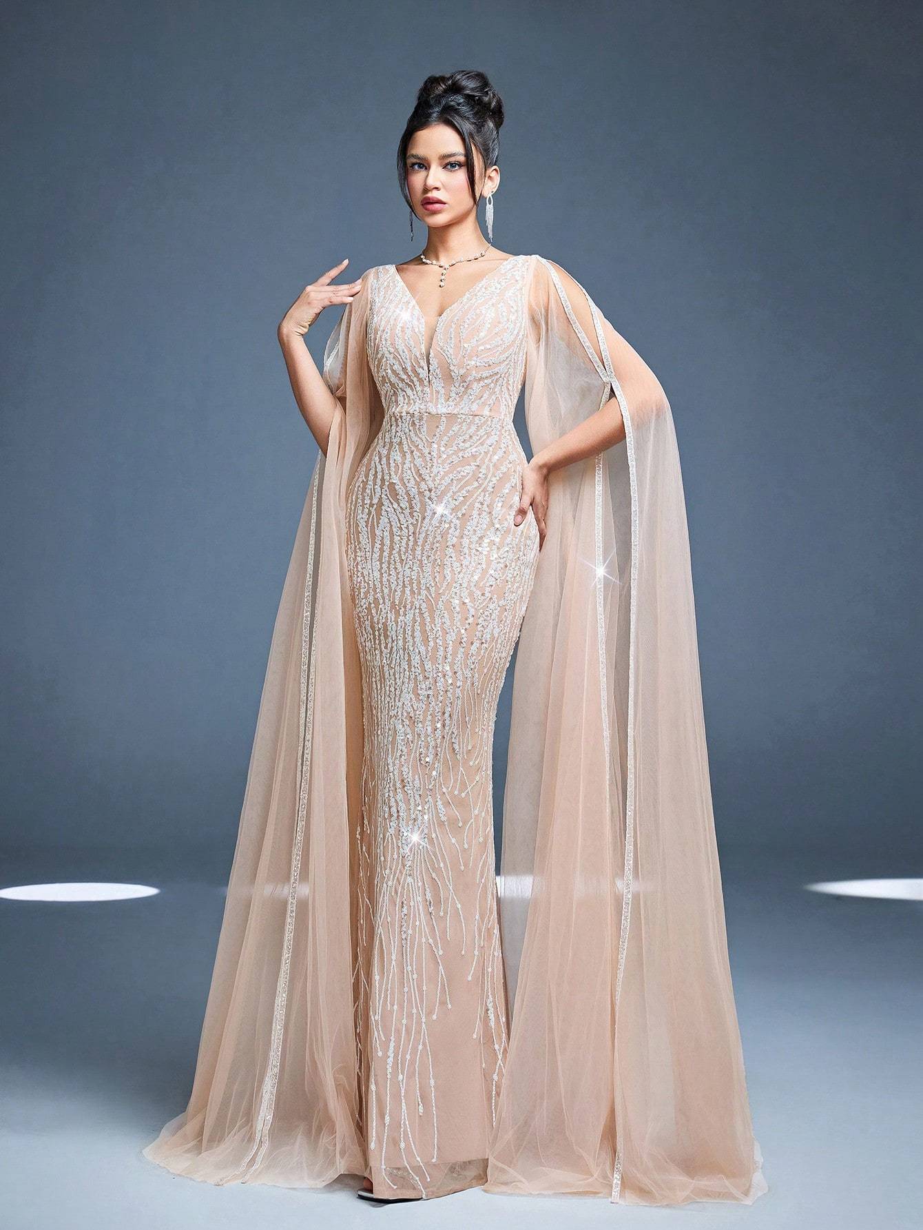 Leely Women's Elegant V Neck Extra-Long Sleeve Prom Dress
