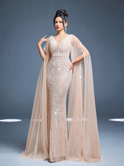 Leely Women's Elegant V Neck Extra-Long Sleeve Prom Dress