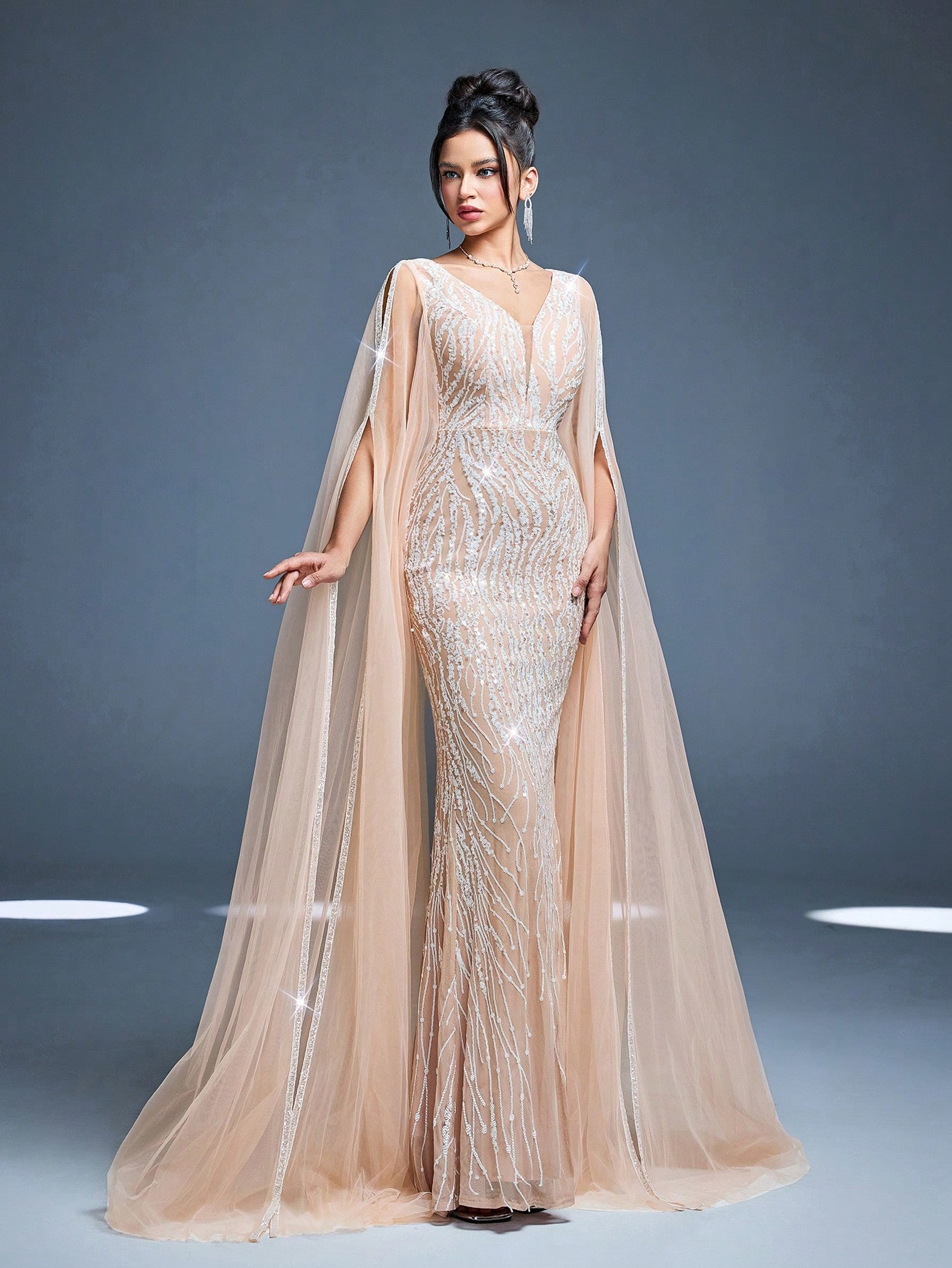 Leely Women's Elegant V Neck Extra-Long Sleeve Prom Dress
