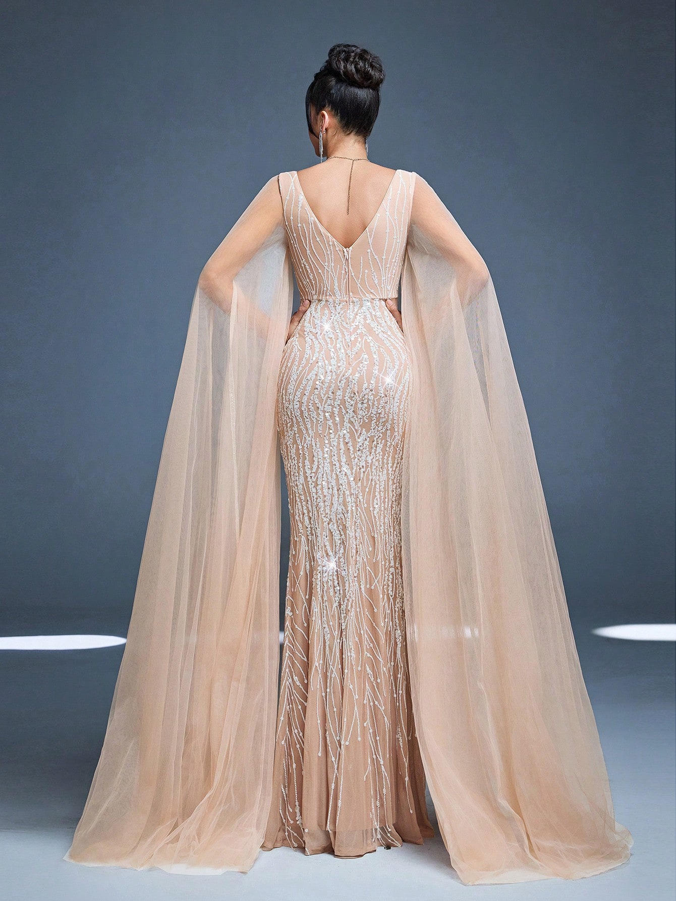 Leely Women's Elegant V Neck Extra-Long Sleeve Prom Dress