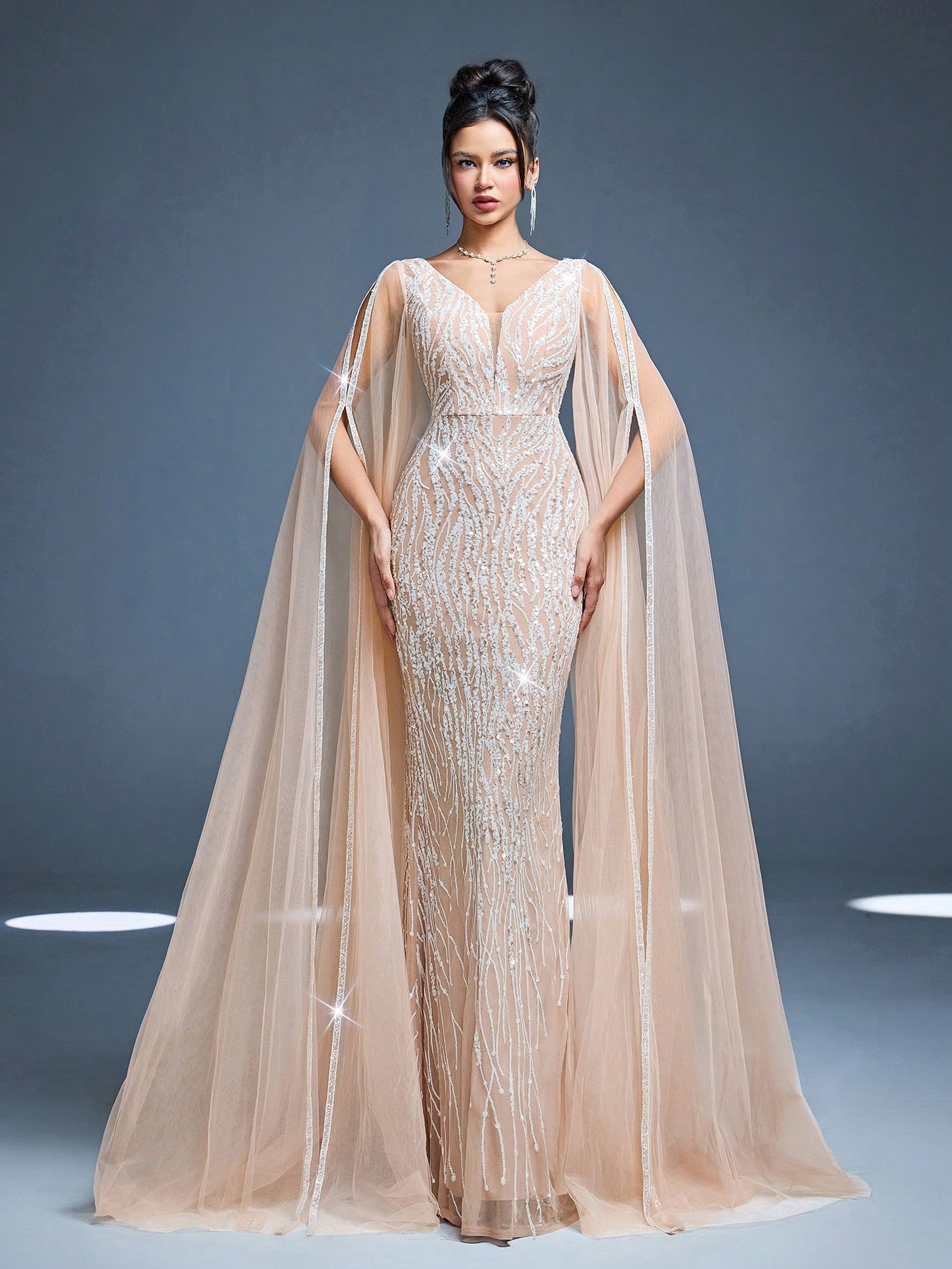 Leely Women's Elegant Sweetheart Cloak Sleeve Lace A-Line Dress