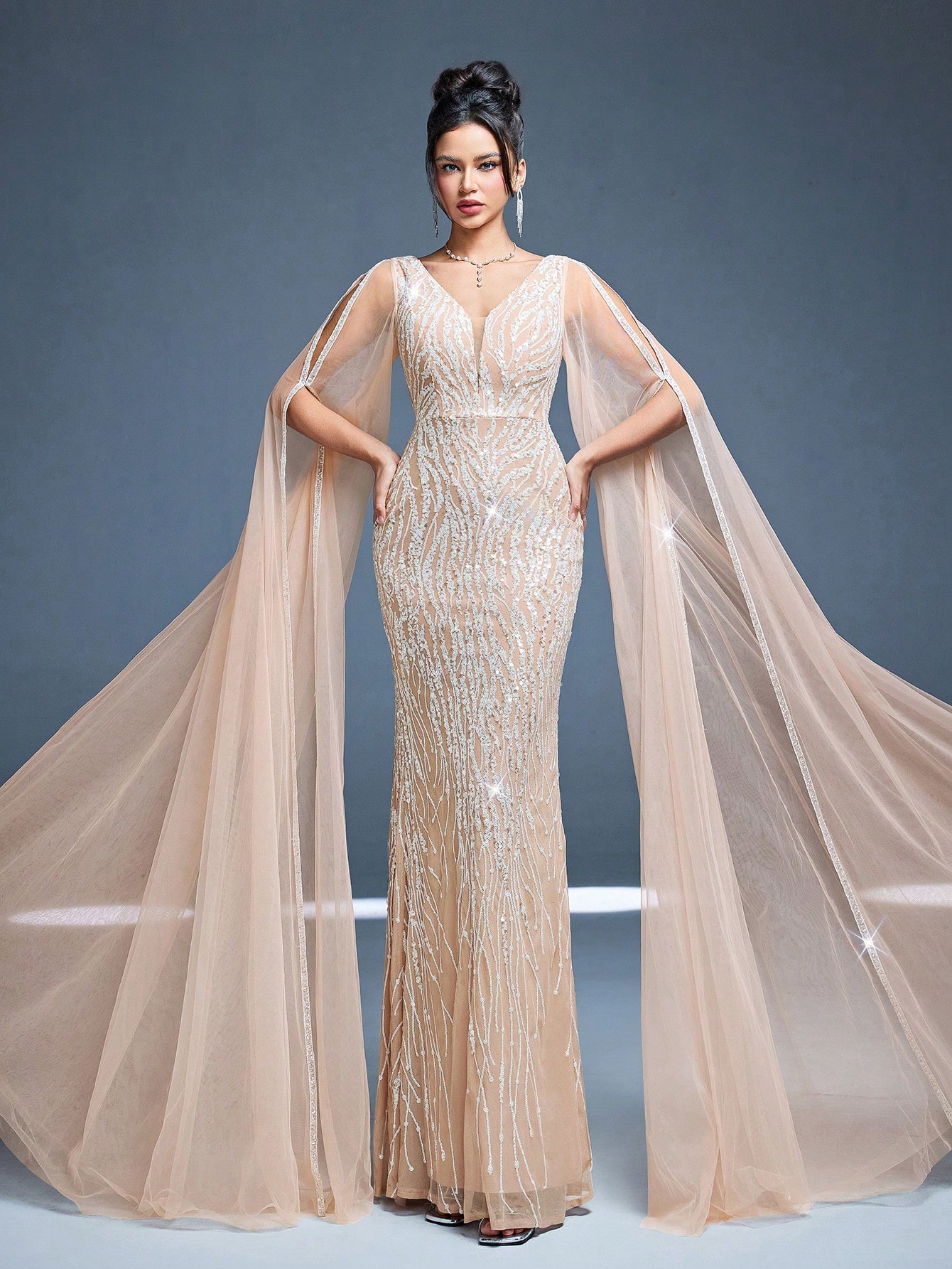 Leely Women's Elegant V Neck Extra-Long Sleeve Prom Dress
