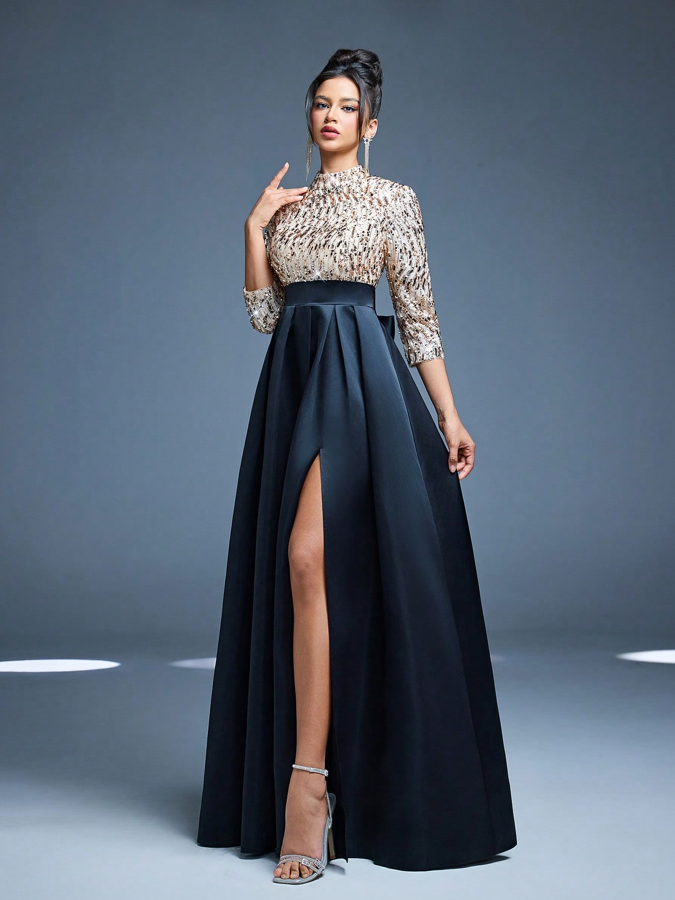 Leely Women's Elegant High Neck Three Quarter Length Sleeve Prom Dress