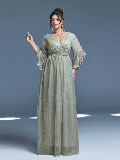 Leely Plus Women's Elegant V Neck Flare Sleeve Party Dress