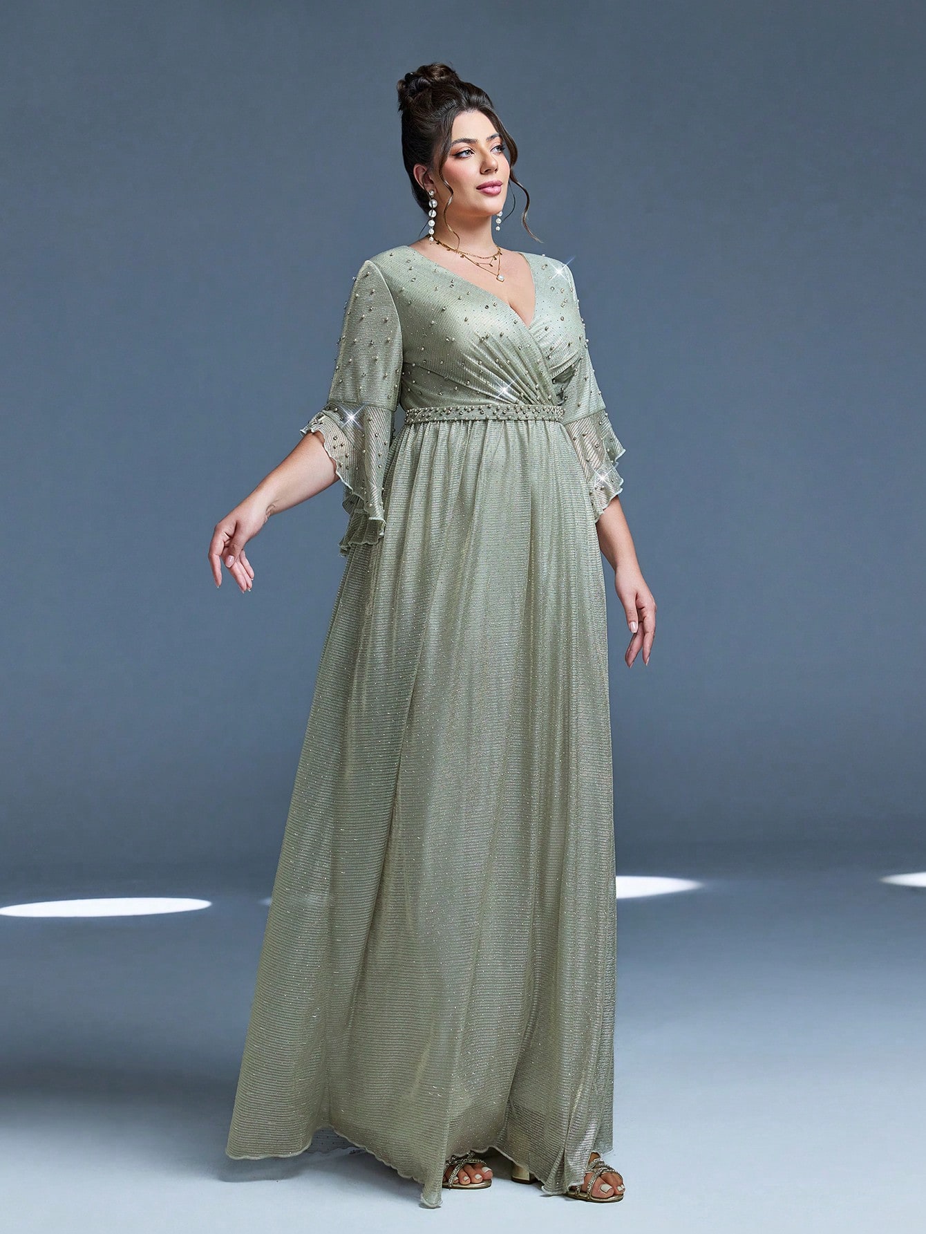 Leely Plus Women's Elegant V Neck Flare Sleeve Party Dress