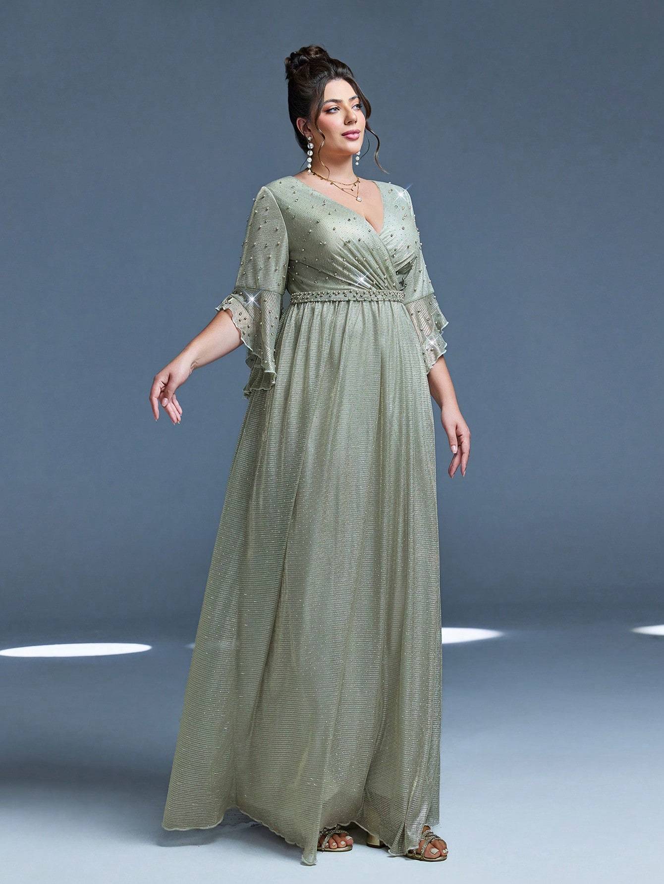 Leely Plus Women's Elegant V Neck Flare Sleeve Party Dress