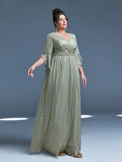 Leely Plus Women's Elegant V Neck Flare Sleeve Party Dress