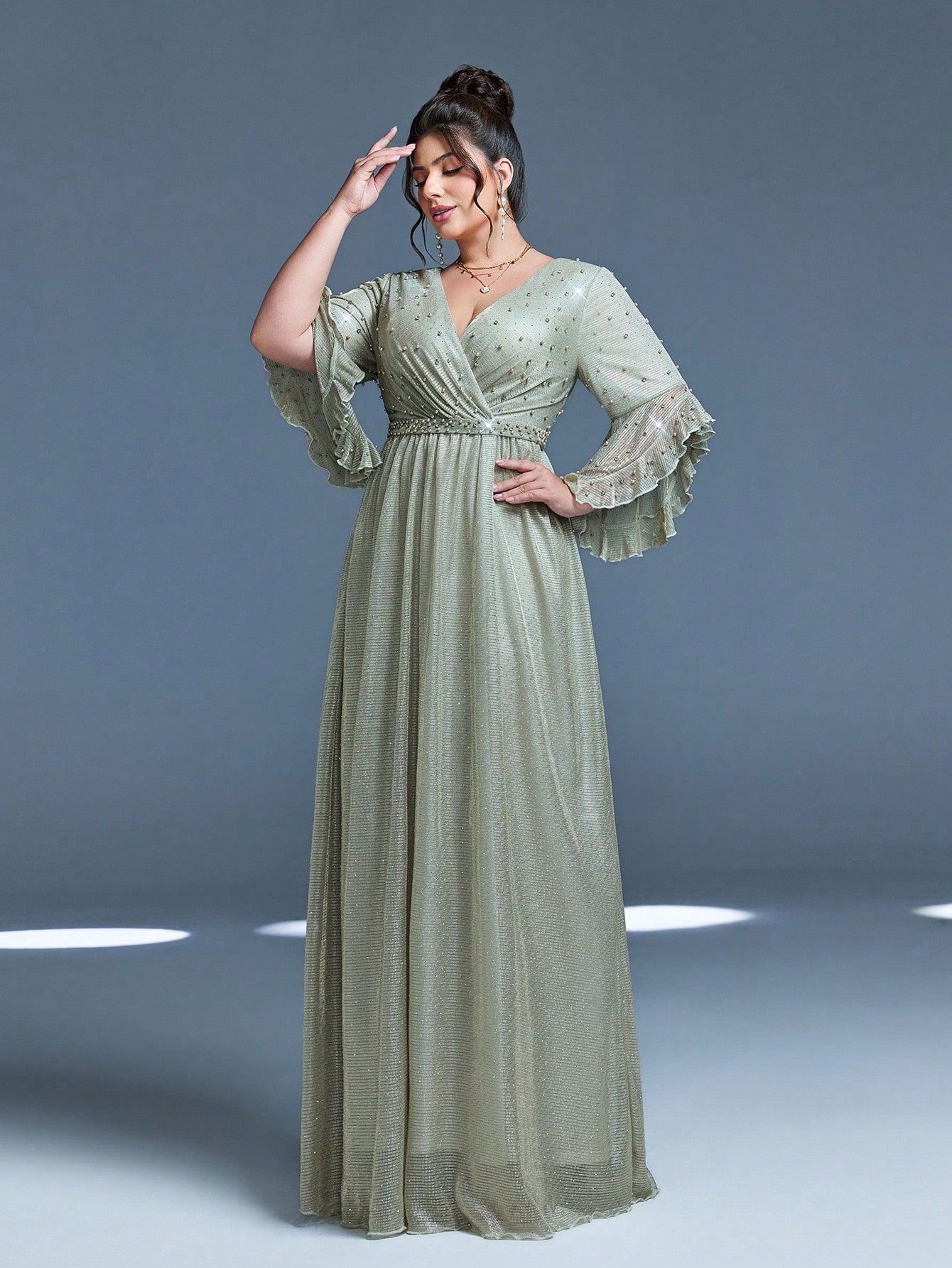Leely Plus Women's Elegant V Neck Flare Sleeve Party Dress