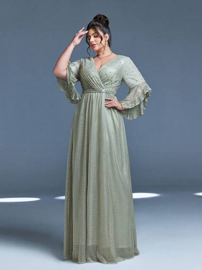Leely Plus Women's Elegant V Neck Flare Sleeve Party Dress