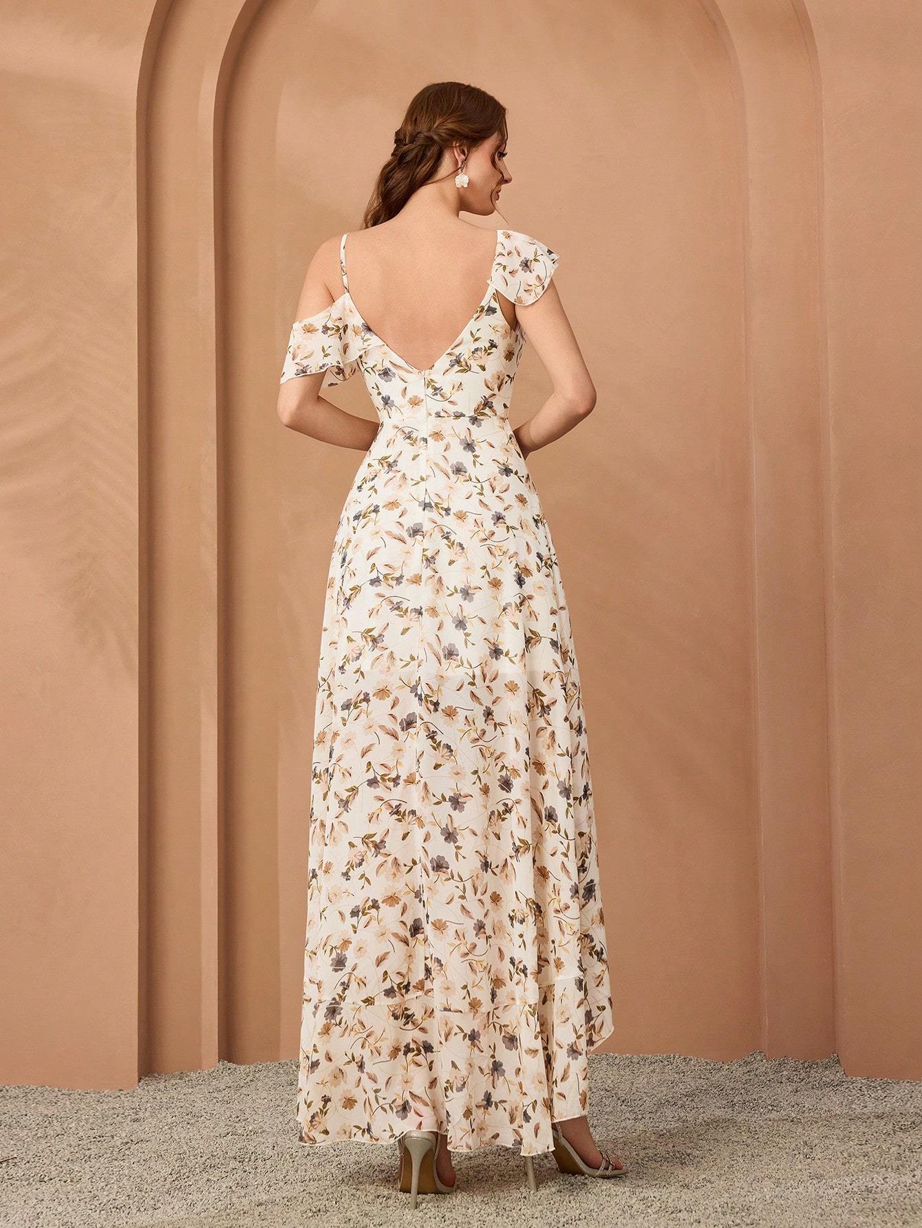 Leely Women's Elegant Asymmetrical Neck Cold Shoulder Party Dress