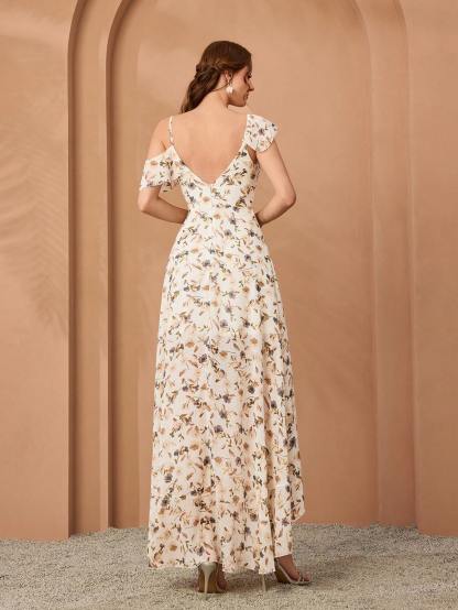 Leely Women's Elegant Asymmetrical Neck Cold Shoulder Party Dress