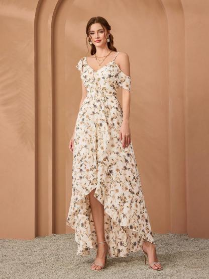 Leely Women's Elegant Asymmetrical Neck Cold Shoulder Party Dress