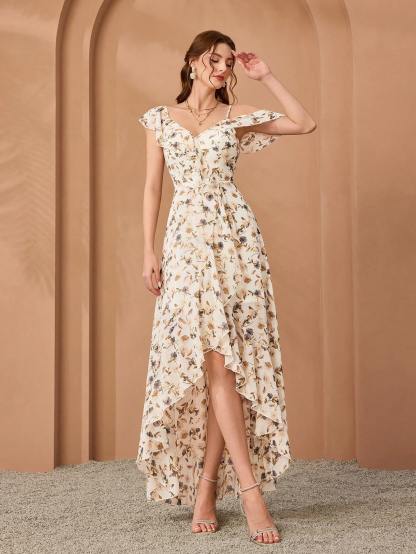 Leely Women's Elegant Asymmetrical Neck Cold Shoulder Party Dress