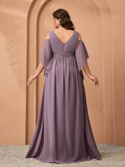Leely Plus Women's Elegant Straps Cold Shoulder A-Line Party Dress