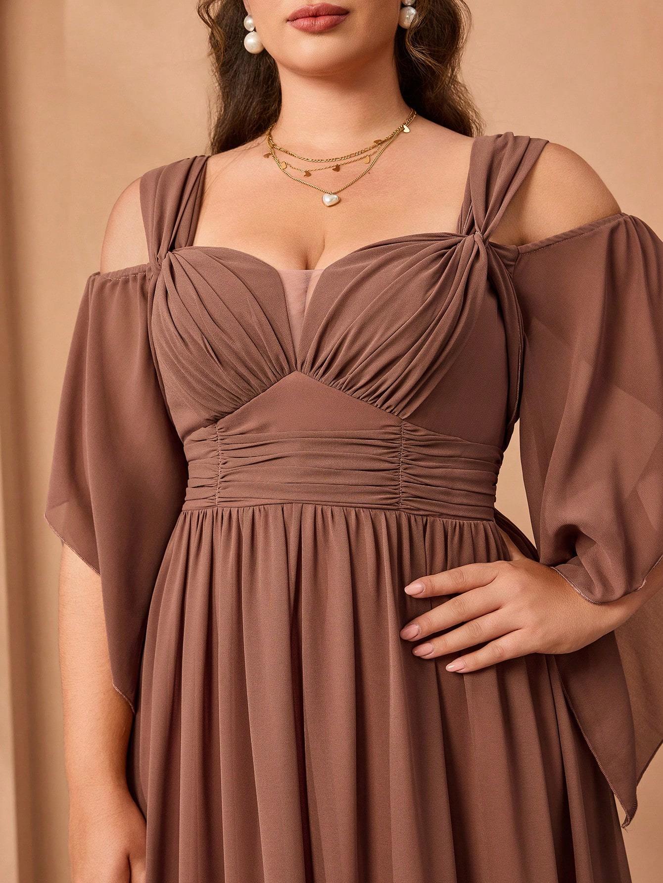 Leely Plus Women's Elegant Sweetheart Cold Shoulder Chiffon A-Line Dress
