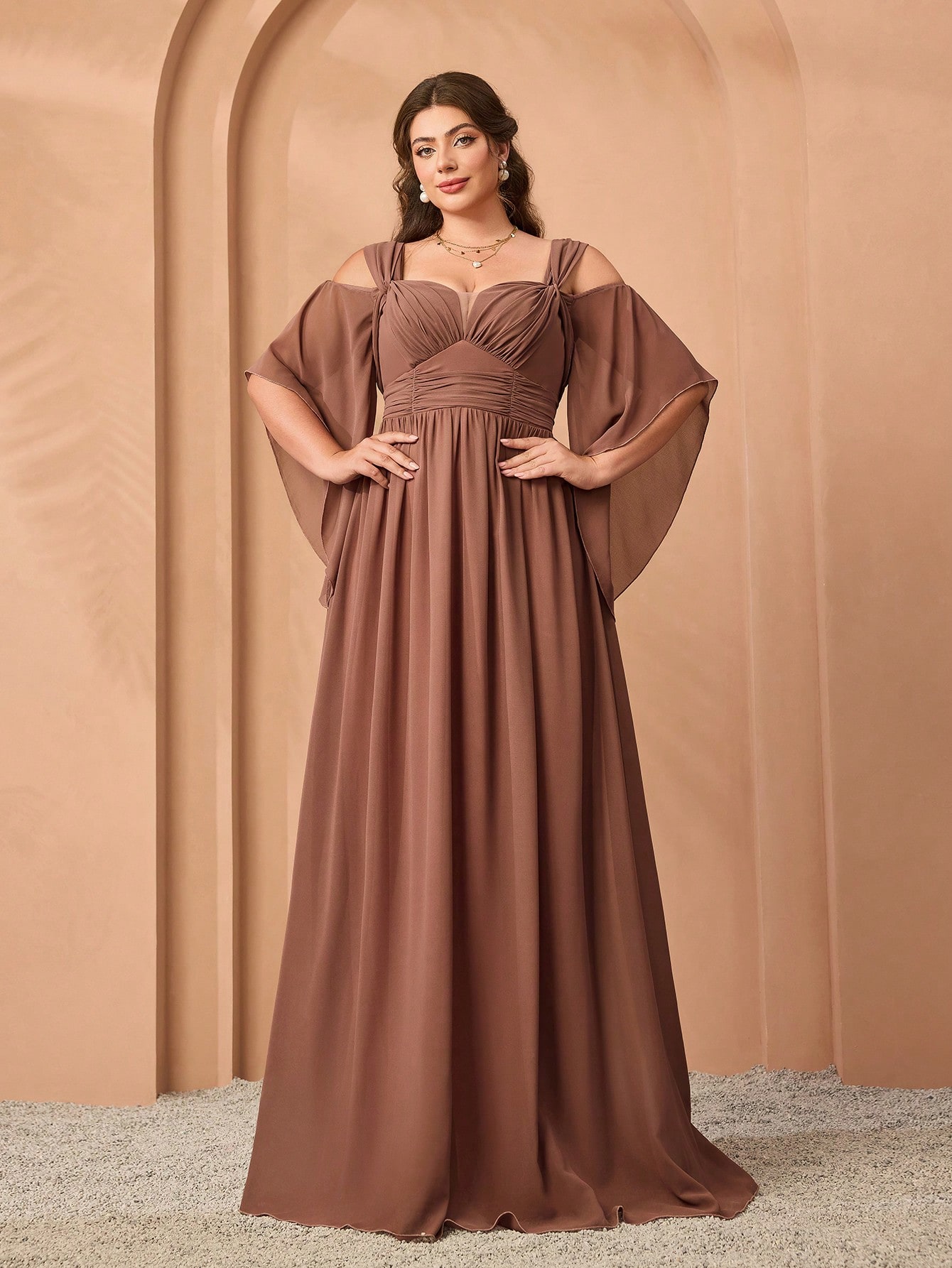 Leely Plus Women's Elegant Sweetheart Cold Shoulder Chiffon A-Line Dress