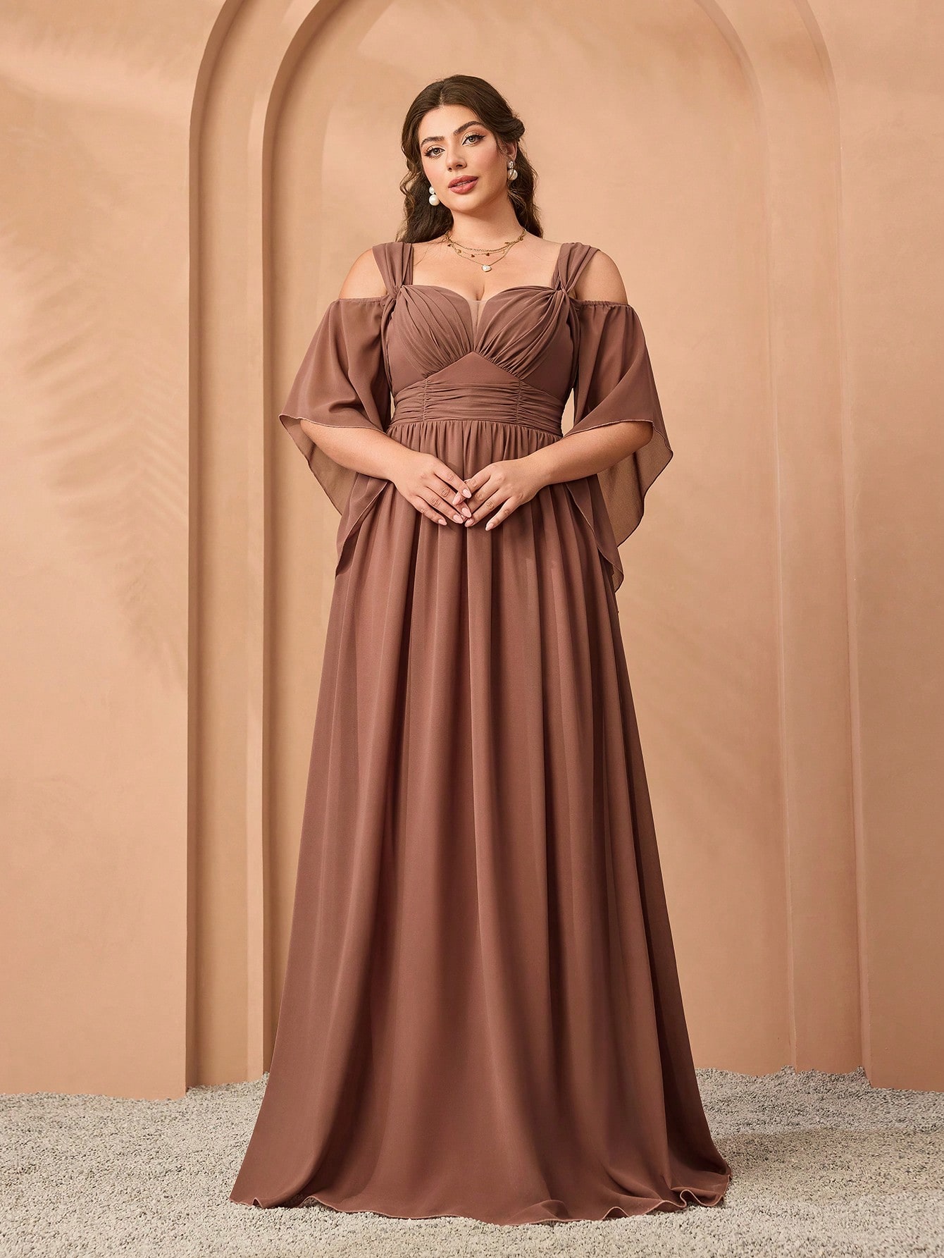 Leely Plus Women's Elegant Sweetheart Cold Shoulder Chiffon A-Line Dress