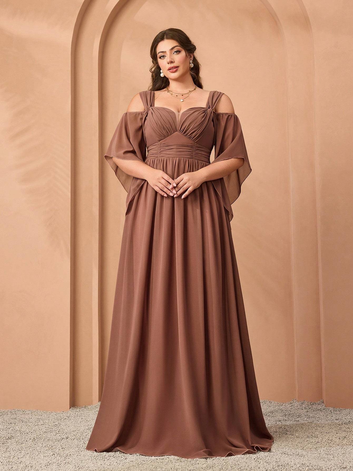 Leely Plus Women's Elegant Sweetheart Cold Shoulder Chiffon A-Line Dress