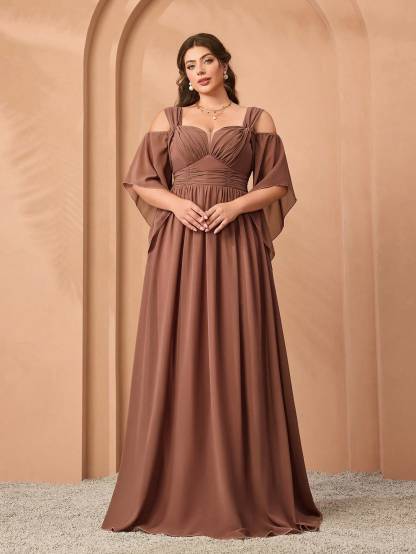 Leely Plus Women's Elegant Sweetheart Cold Shoulder Chiffon A-Line Dress