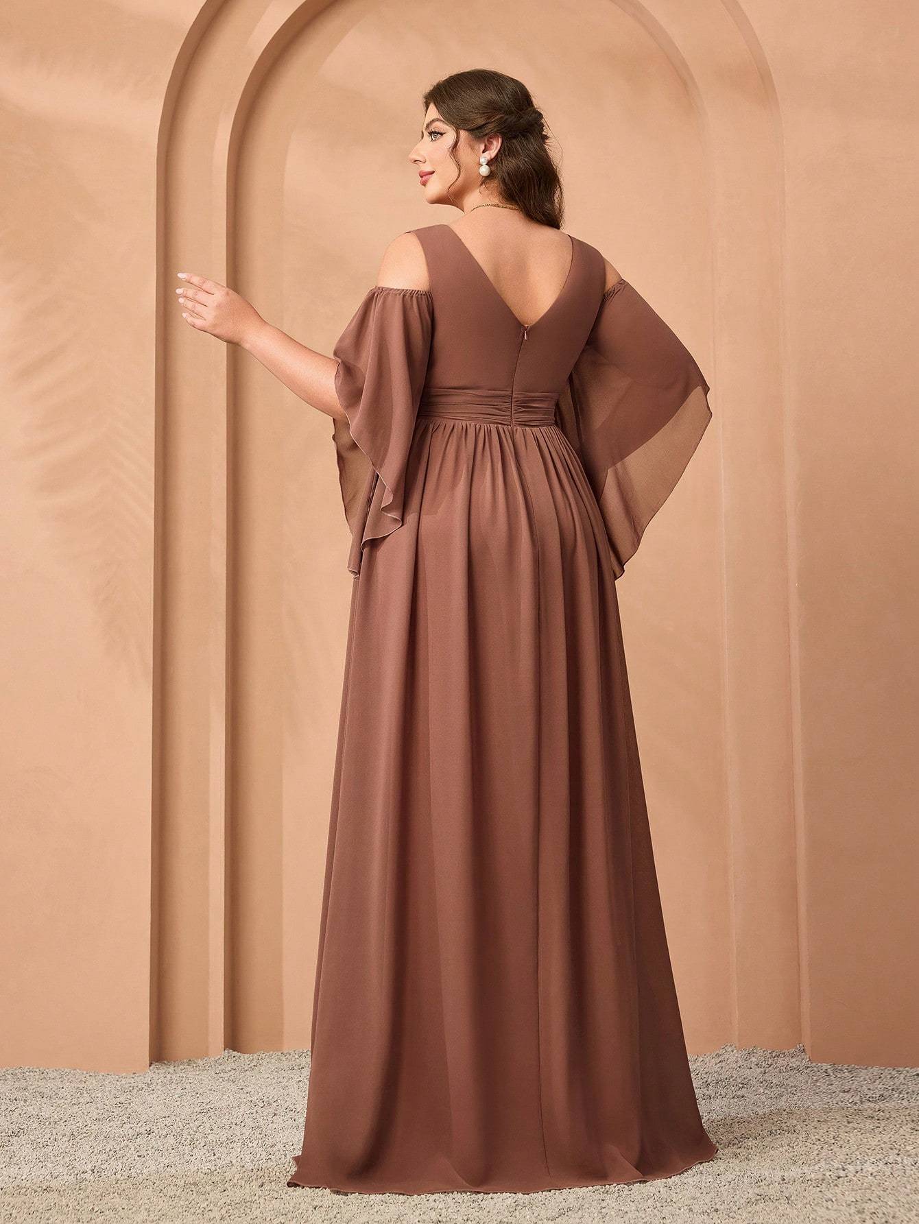 Leely Plus Women's Elegant Sweetheart Cold Shoulder Chiffon A-Line Dress