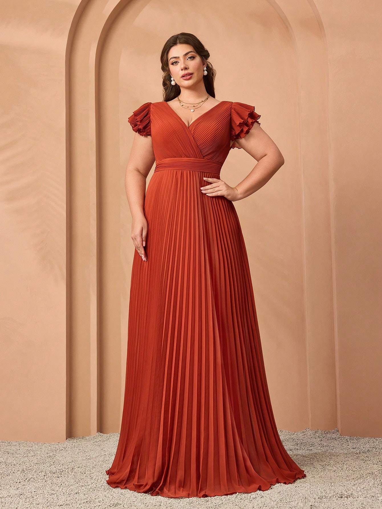 Leely Plus Women's Elegant V Neck Layered Sleeve Graduation & Prom Dress